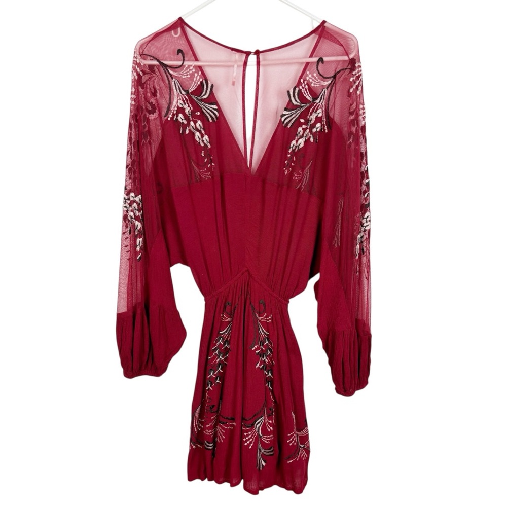 Free People Bonjour Floral Embroidered Long Sleeve Mini Dress Size Small Red - Picture 7 of 13